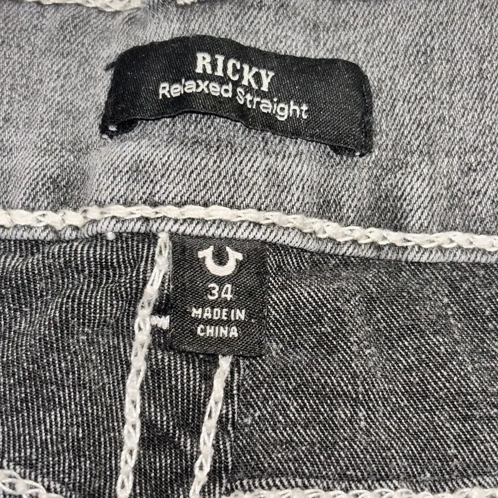 True Religion Jeans 34x32.5 Gray Ricky Flap Pocket Straight Leg Distressed READ